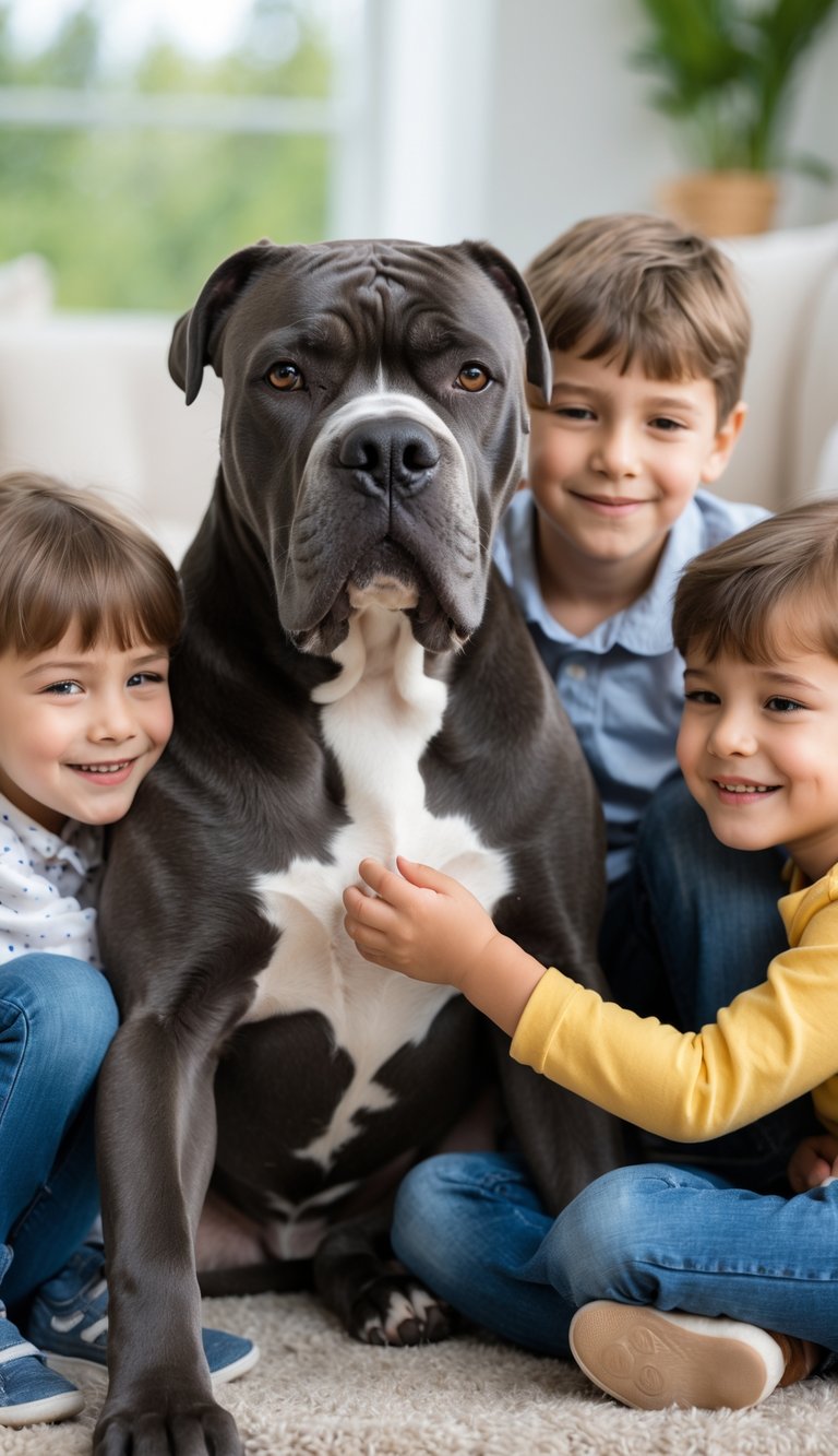 A Cane Corso dog calmly sitting with smiling children who are petting it in a bright, comfortable family setting.