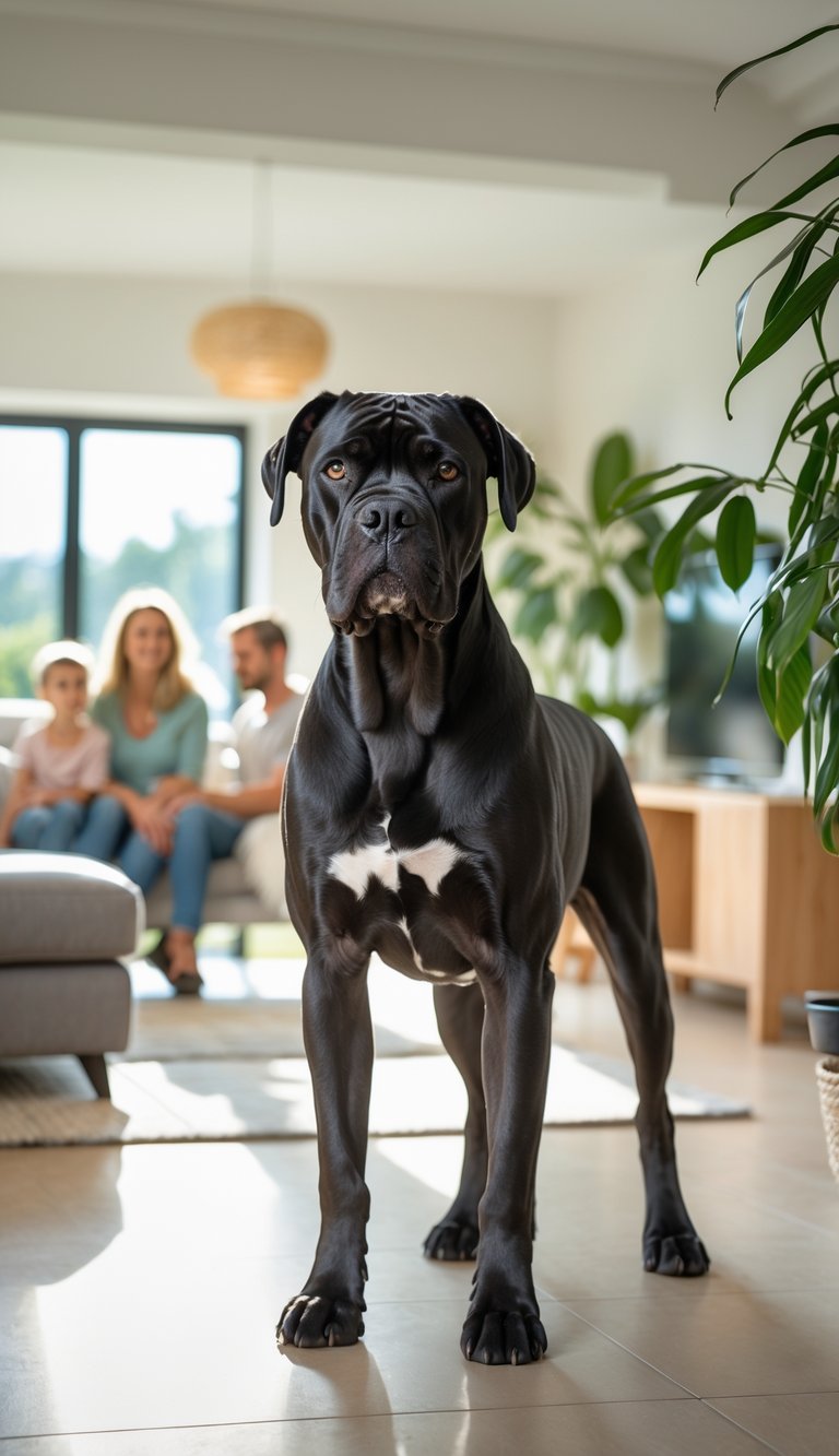 A Cane Corso dog standing alert in a bright family living room with a smiling family in the background.