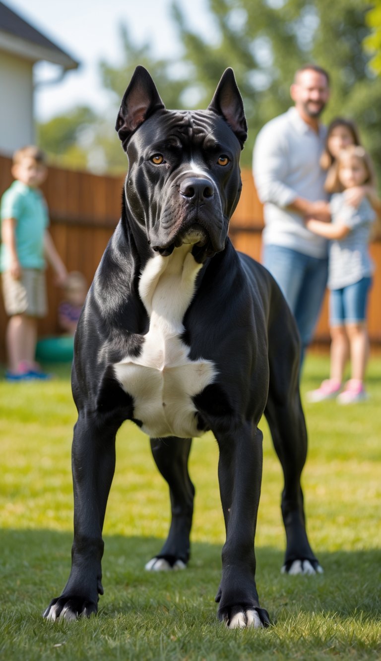 A strong black Cane Corso dog standing alert in a backyard with a family playing in the background.