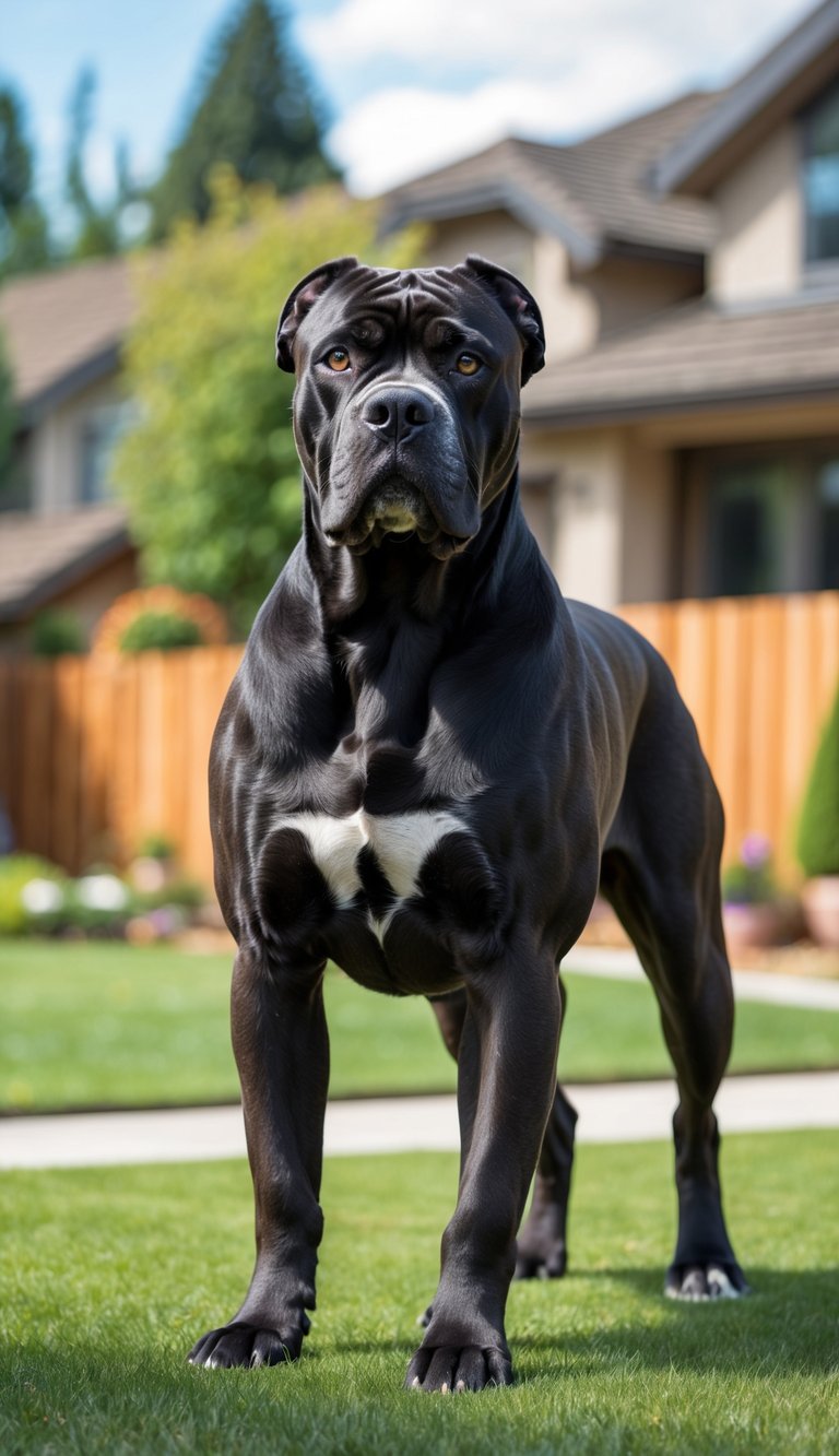 A muscular black Cane Corso dog standing alert in a backyard with a house and fence in the background.