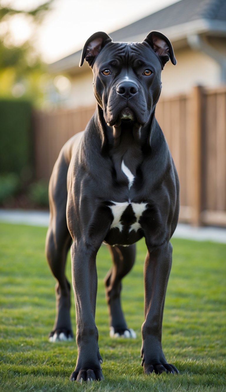 A calm and confident Cane Corso dog standing alert in a suburban backyard.