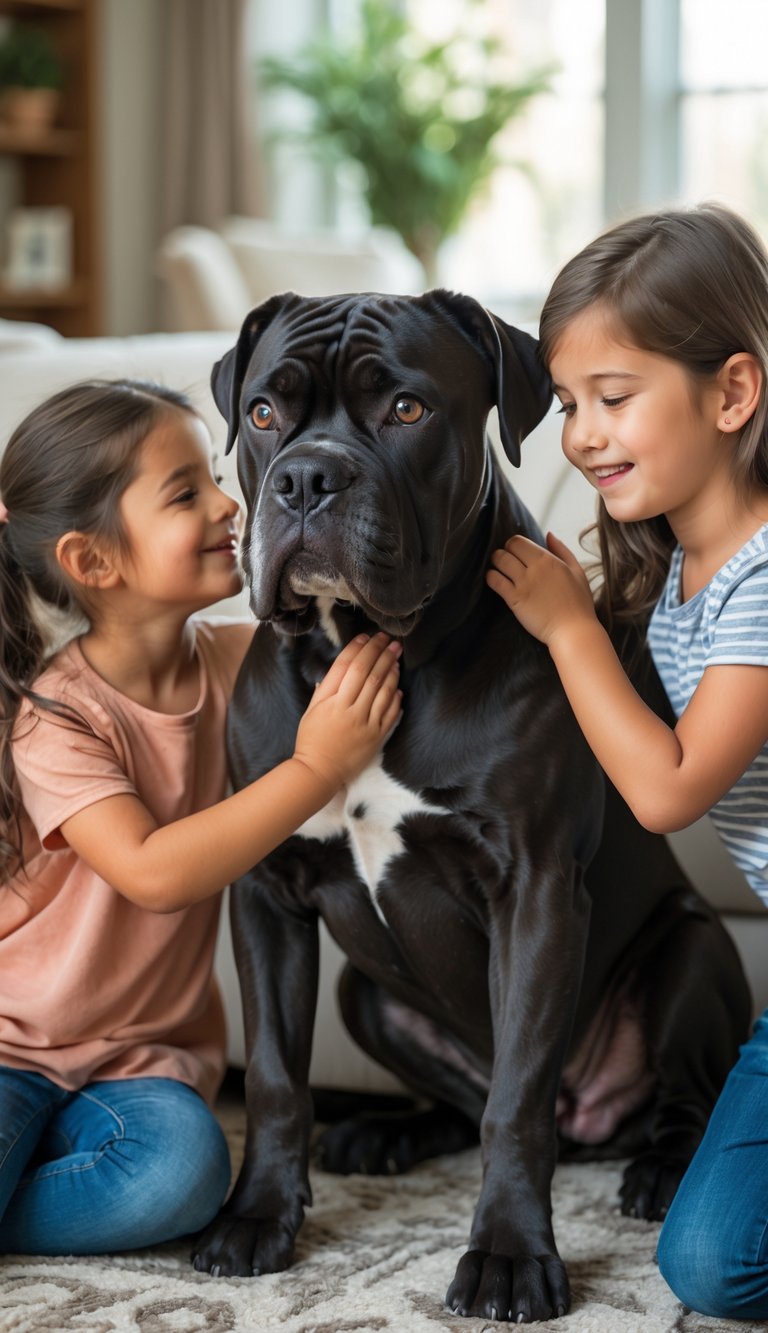 A Cane Corso dog sitting calmly with a mother and two children who are petting and hugging it in a cozy living room.