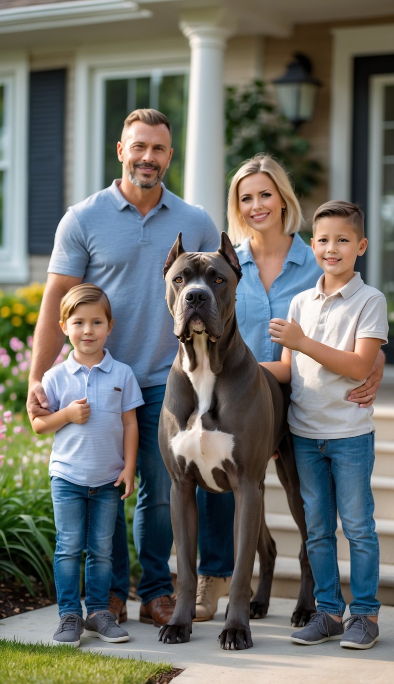 A Cane Corso dog stands protectively beside a smiling family of four outside their home in a garden.