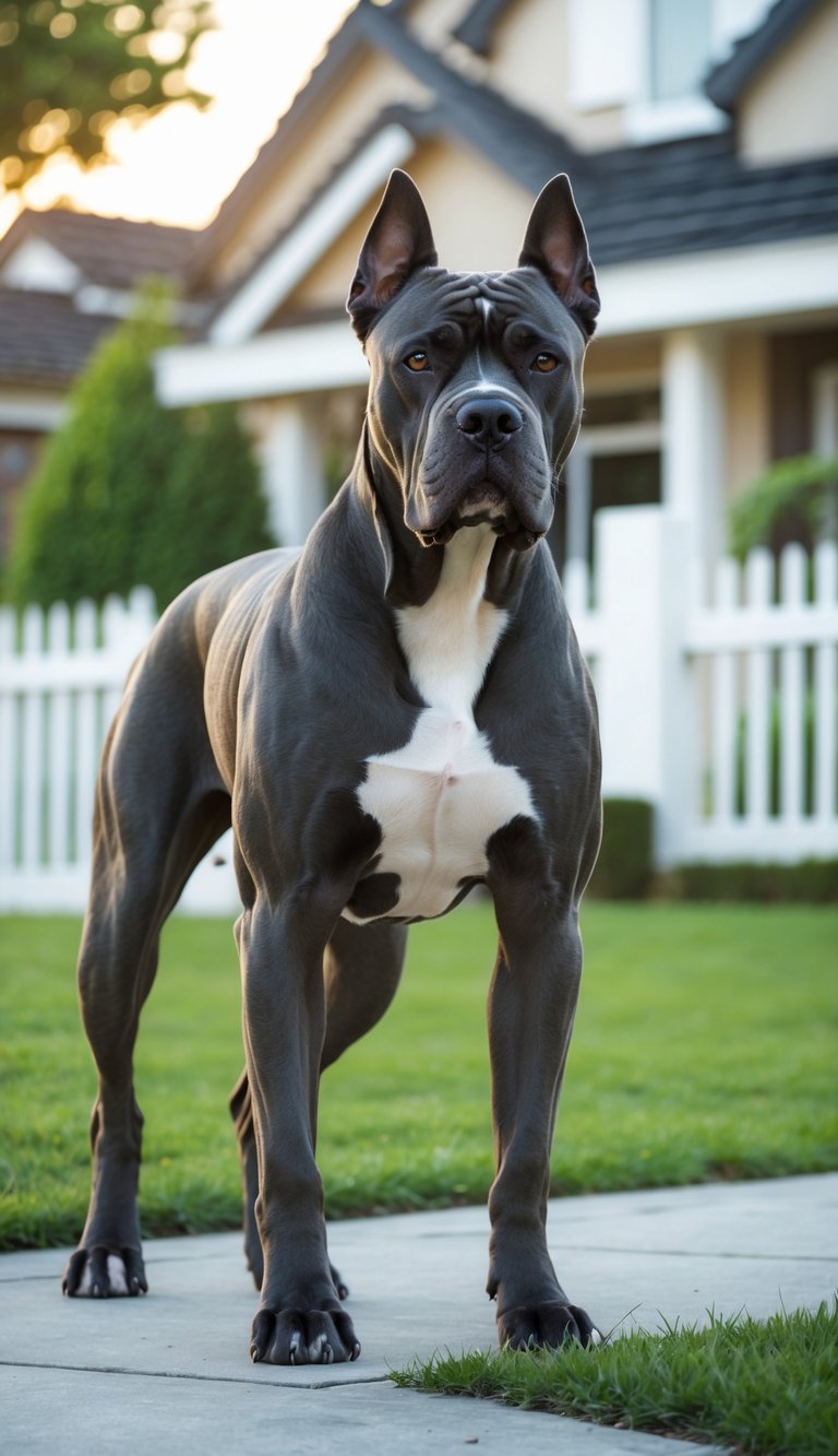 A Cane Corso dog standing alert and watchful in front of a suburban house with a green yard and white fence.