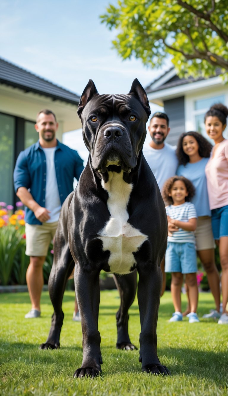 A Cane Corso dog standing alert in a backyard with a happy family nearby, surrounded by a garden and a house.