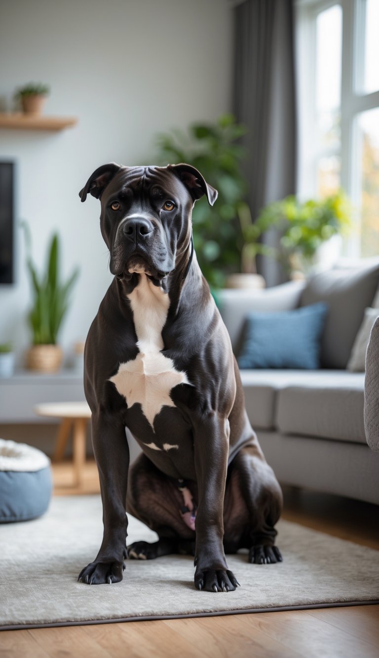 A large Cane Corso dog sitting calmly in a bright living room with a sofa, dog bed, and plants.