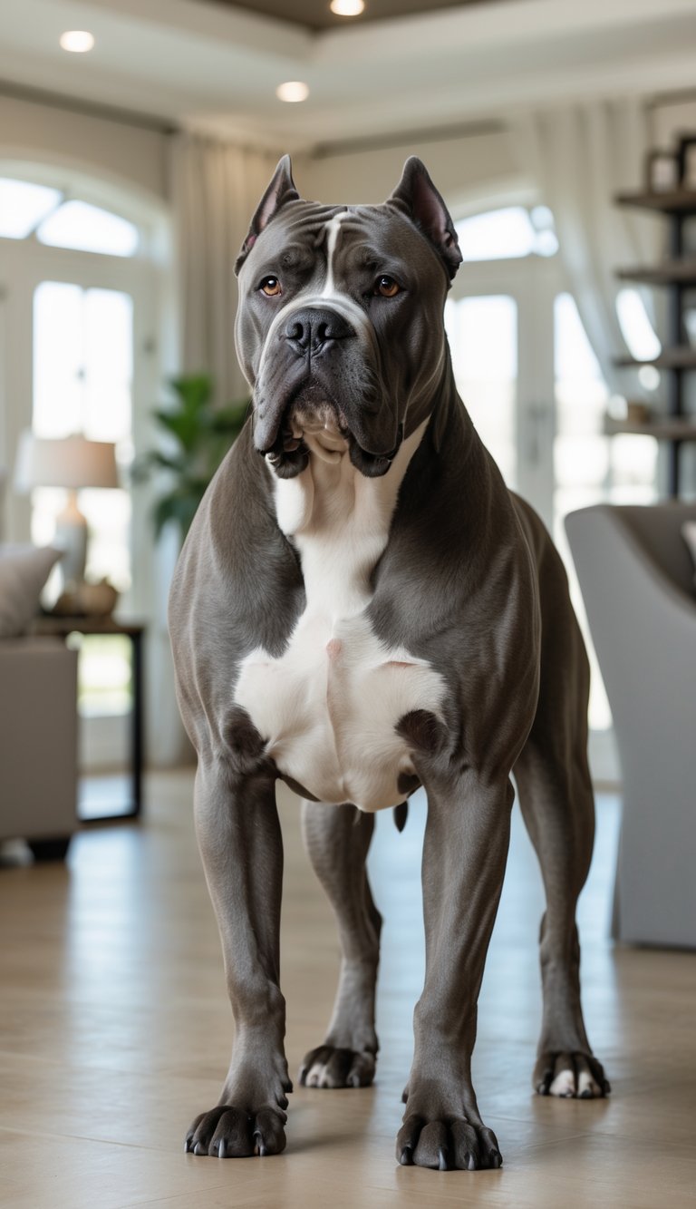 A large, muscular Cane Corso dog standing alert in a modern home interior with natural light.
