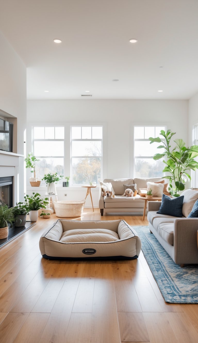 A spacious living room with a large dog bed, dog toys, and natural light coming through big windows.