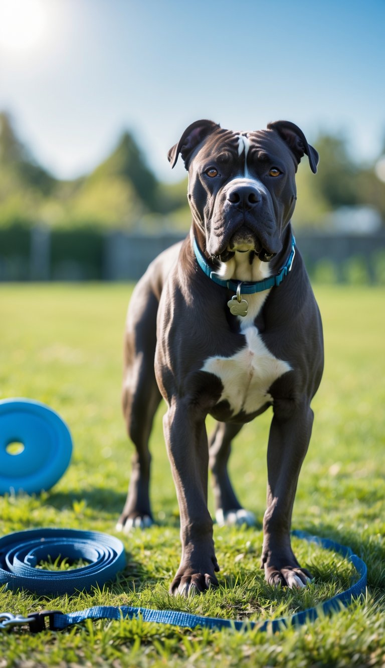 A muscular Cane Corso dog standing alert on green grass in an outdoor park setting with a leash and a ball nearby.