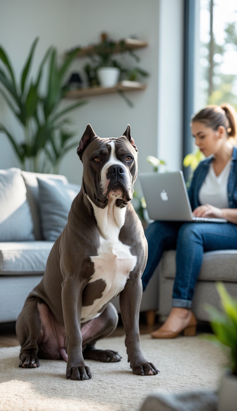A Cane Corso dog sitting in a living room while a person researches on a laptop at a desk with papers nearby.