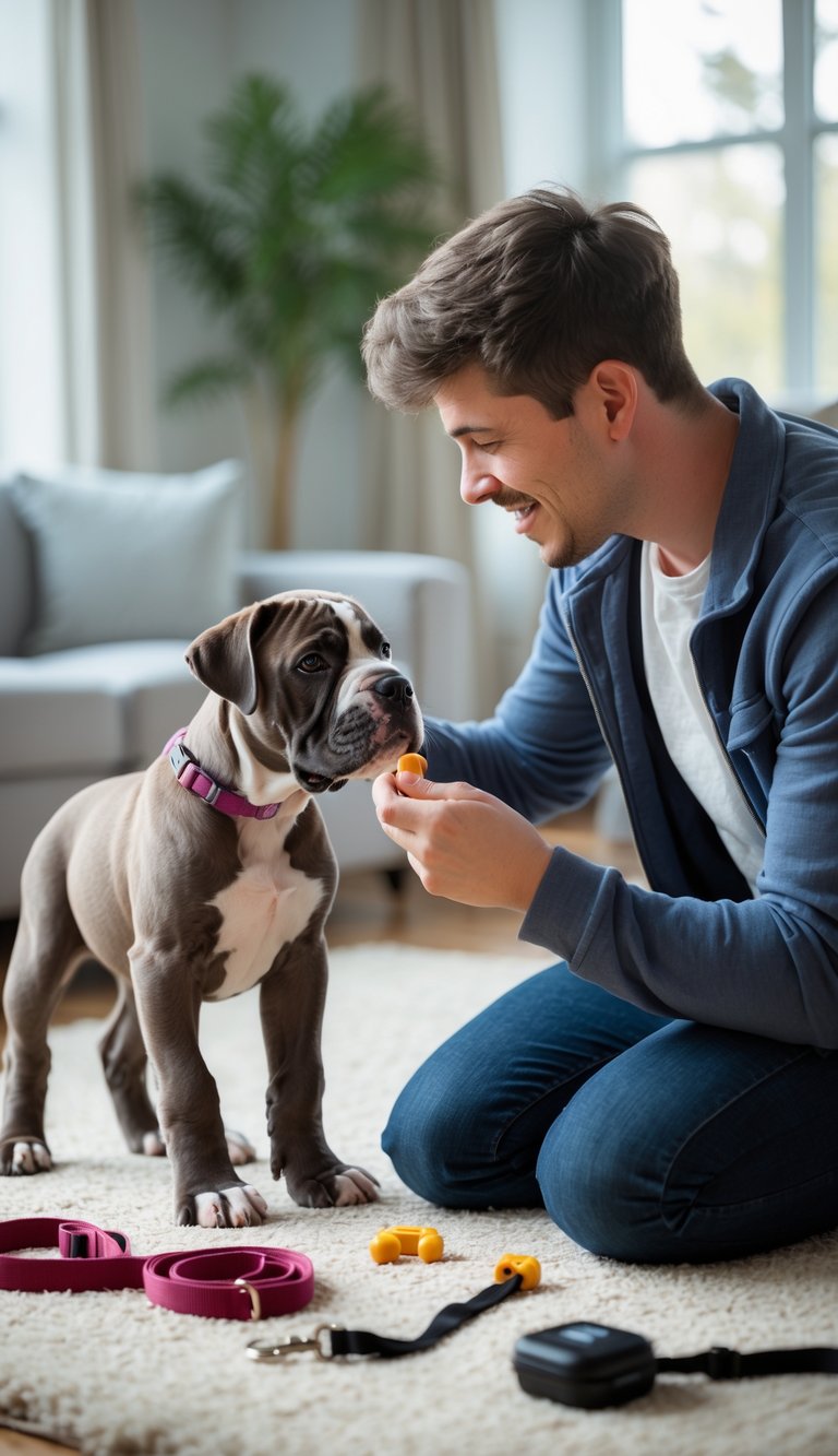 A person kneeling on a rug offering a treat to a Cane Corso puppy in a bright living room.