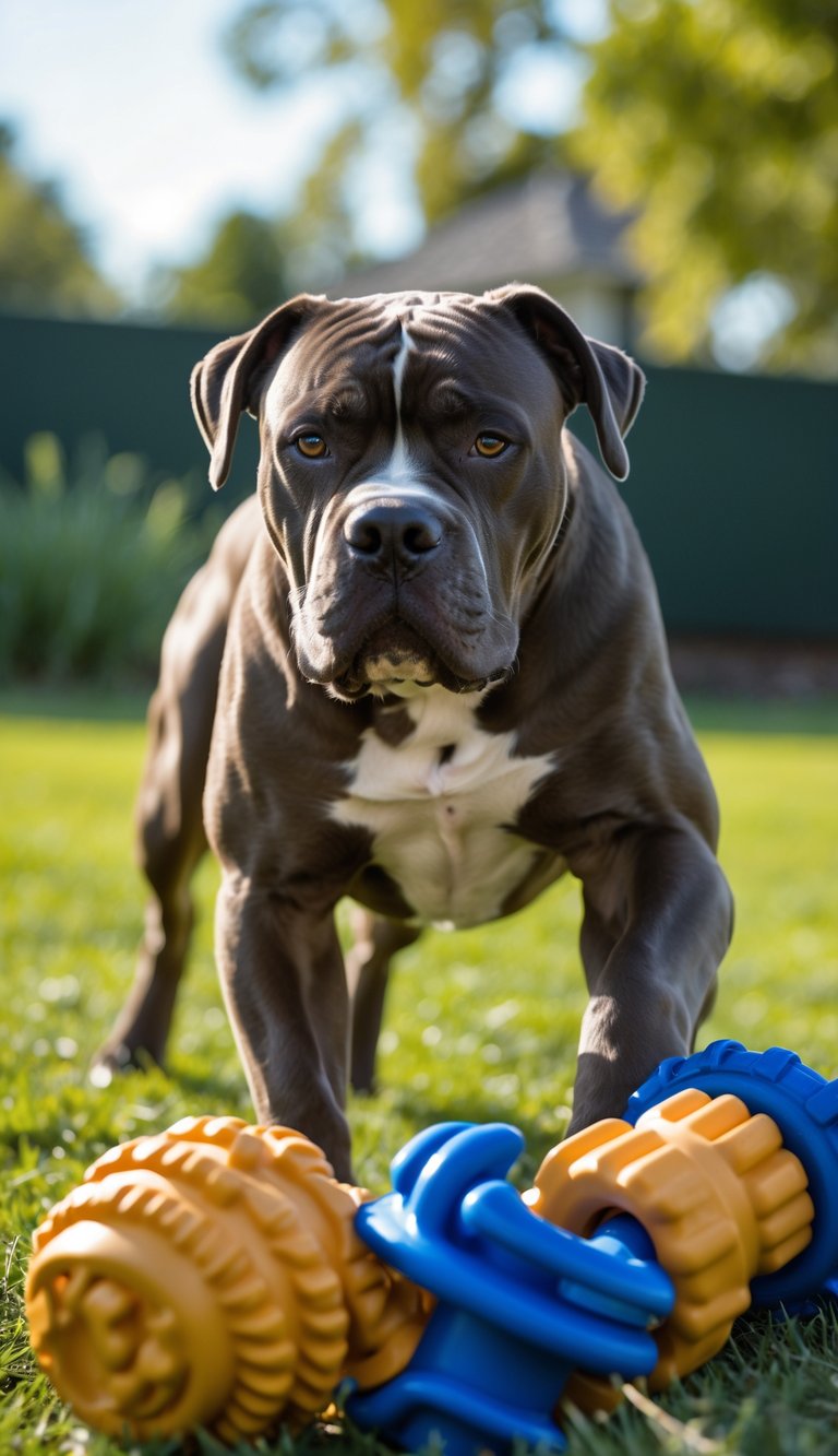 A Cane Corso dog playing outdoors with durable chew toys in a grassy backyard.