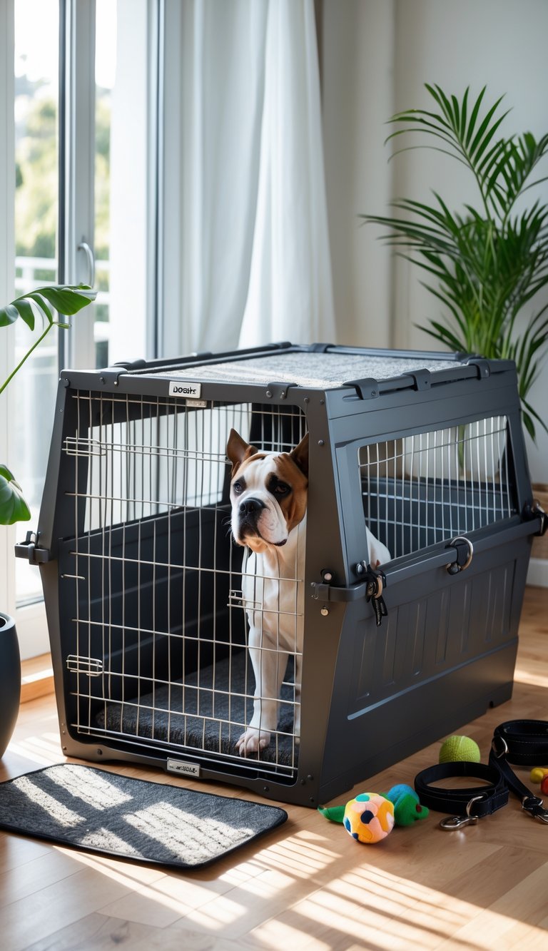 A large, sturdy dog crate with a padded mat inside, placed in a bright room with dog training accessories nearby.