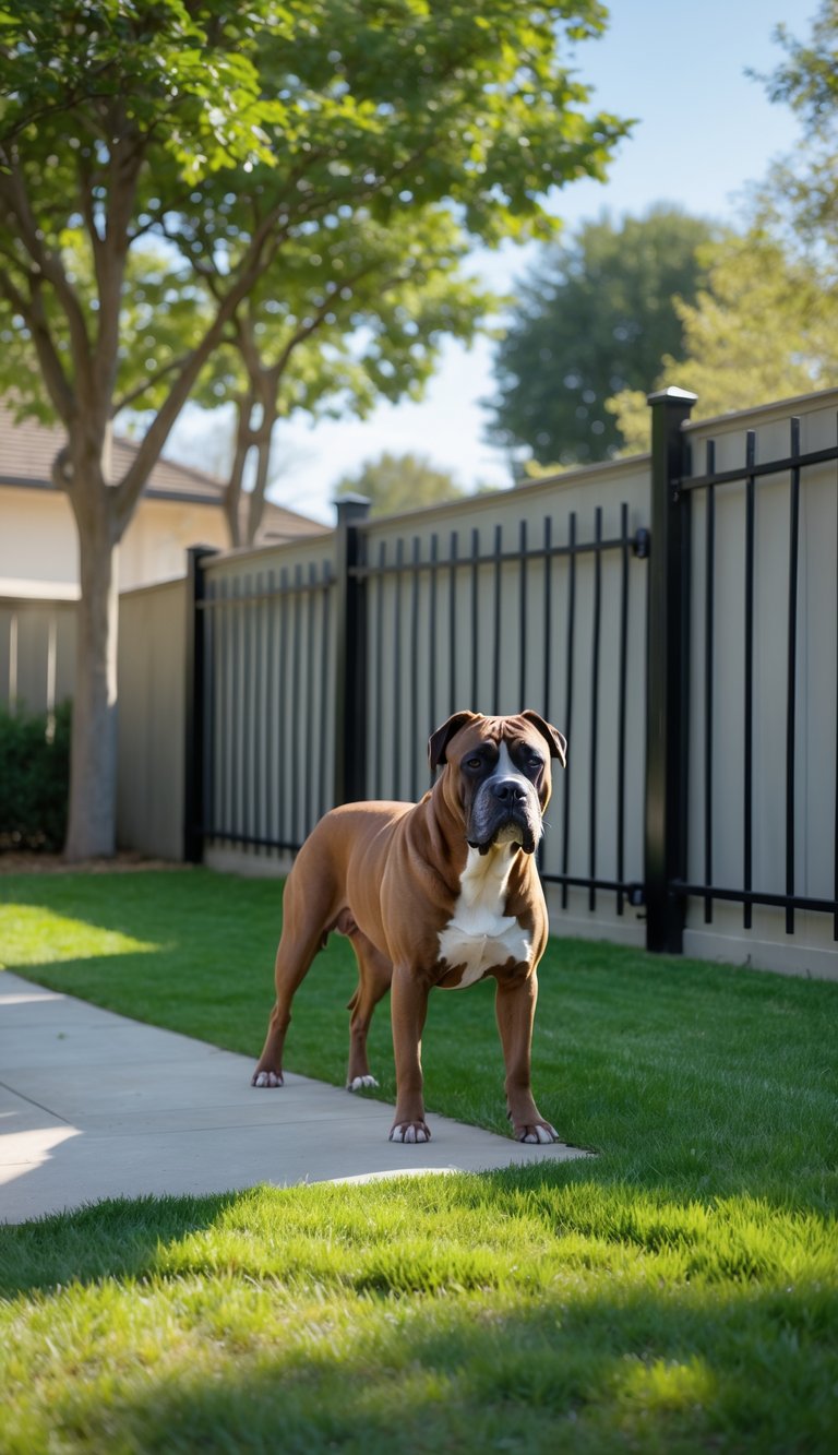 A Cane Corso dog standing in a secure, fenced backyard with green grass and trees.