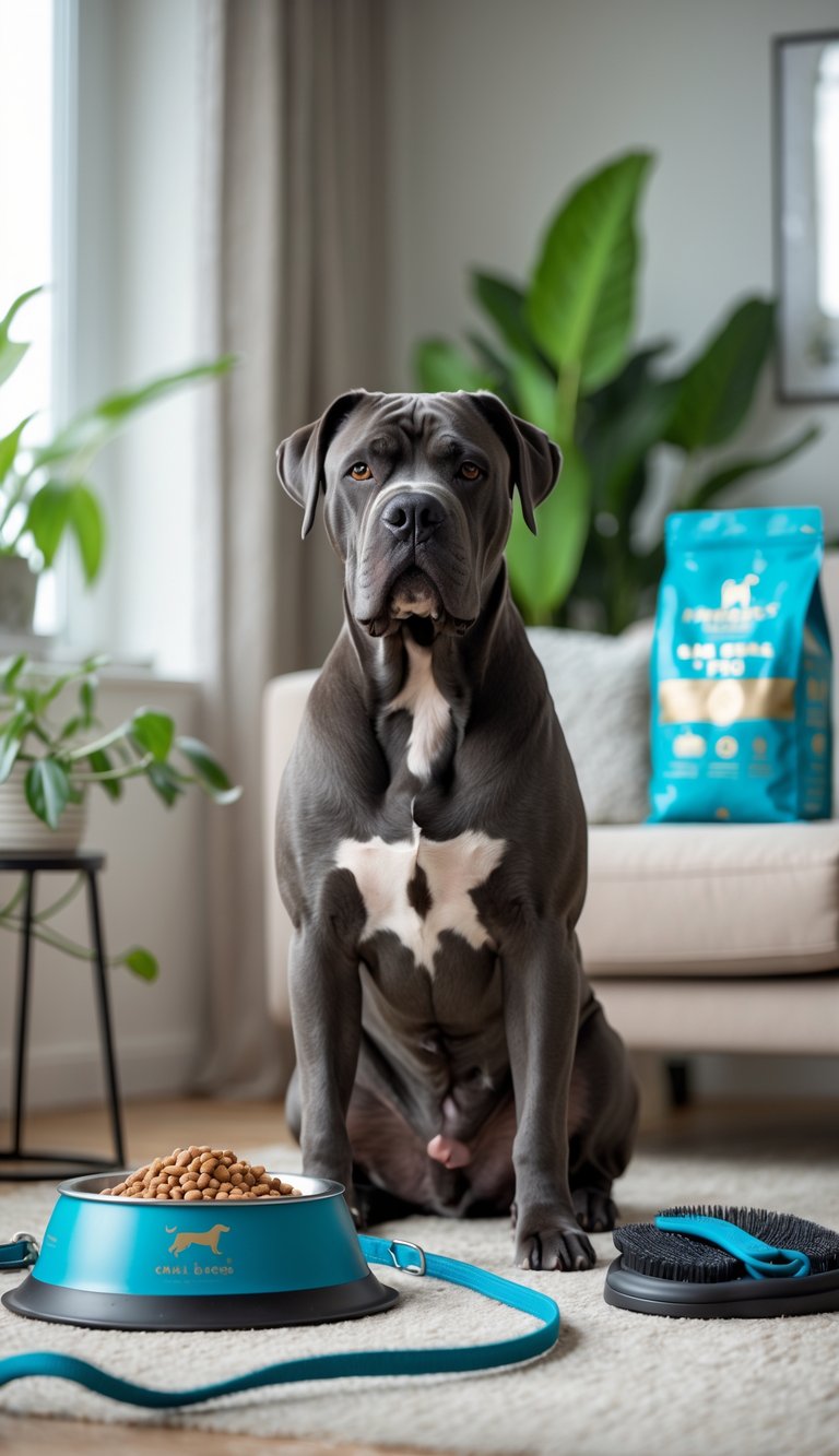 A healthy Cane Corso dog sitting in a bright living room next to a bowl of dog food and pet care items.