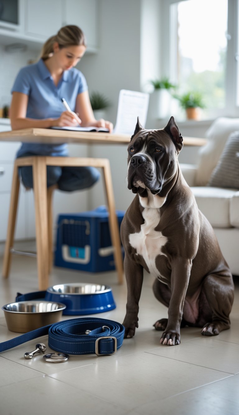 A Cane Corso dog sitting next to dog care items while a person writes notes on a planner in a bright home setting.