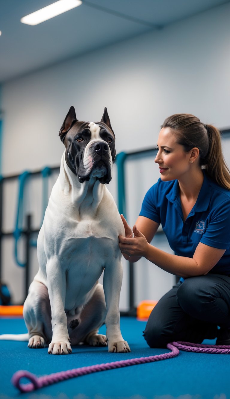 A Cane Corso dog sitting obediently next to a dog trainer in a clean training room.