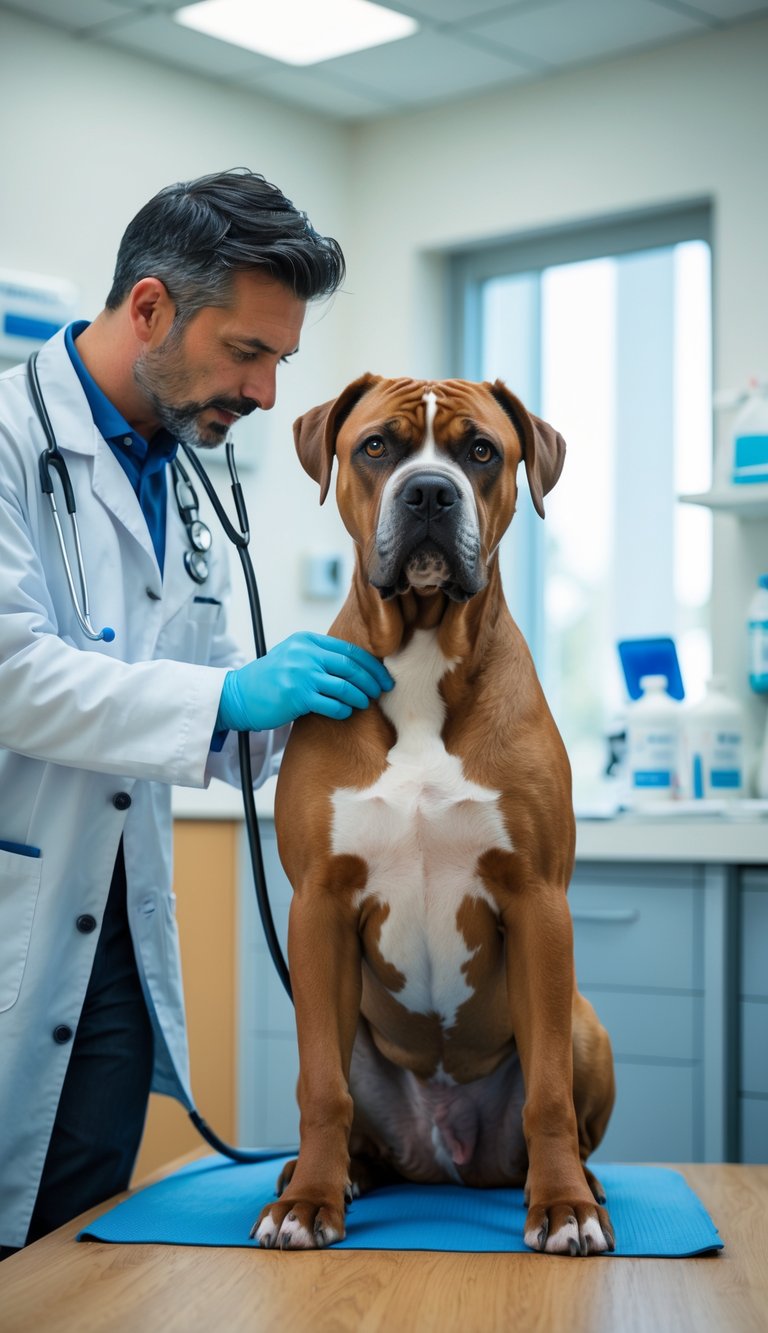 A Cane Corso dog sitting in a veterinary clinic while a veterinarian examines it with a stethoscope.