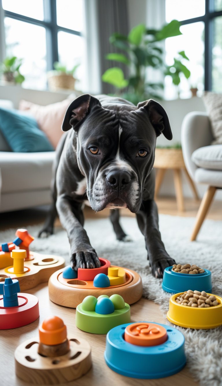 A Cane Corso dog playing with puzzle toys in a bright living room.