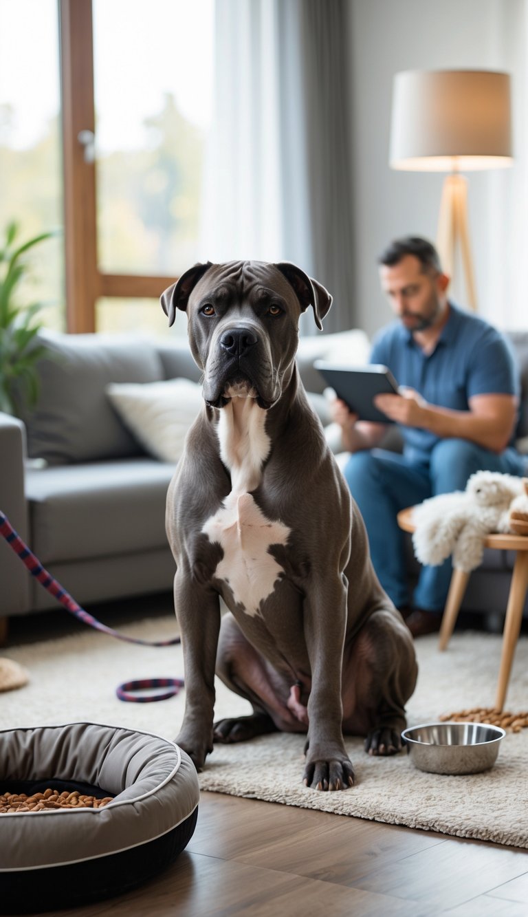 A Cane Corso dog sitting in a bright living room with a person reviewing documents in the background.
