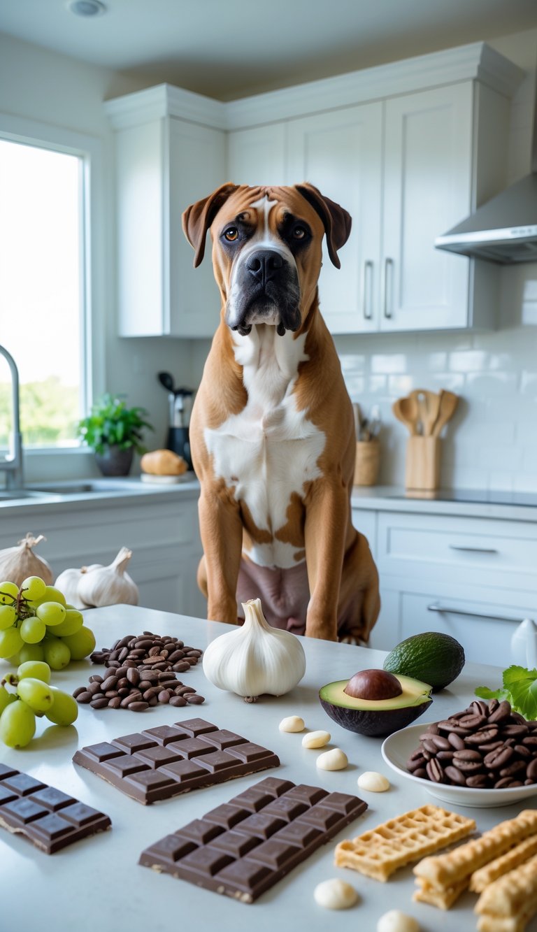 A Cane Corso dog sitting near a kitchen counter with various harmful foods for dogs placed on it, including chocolate and onions.