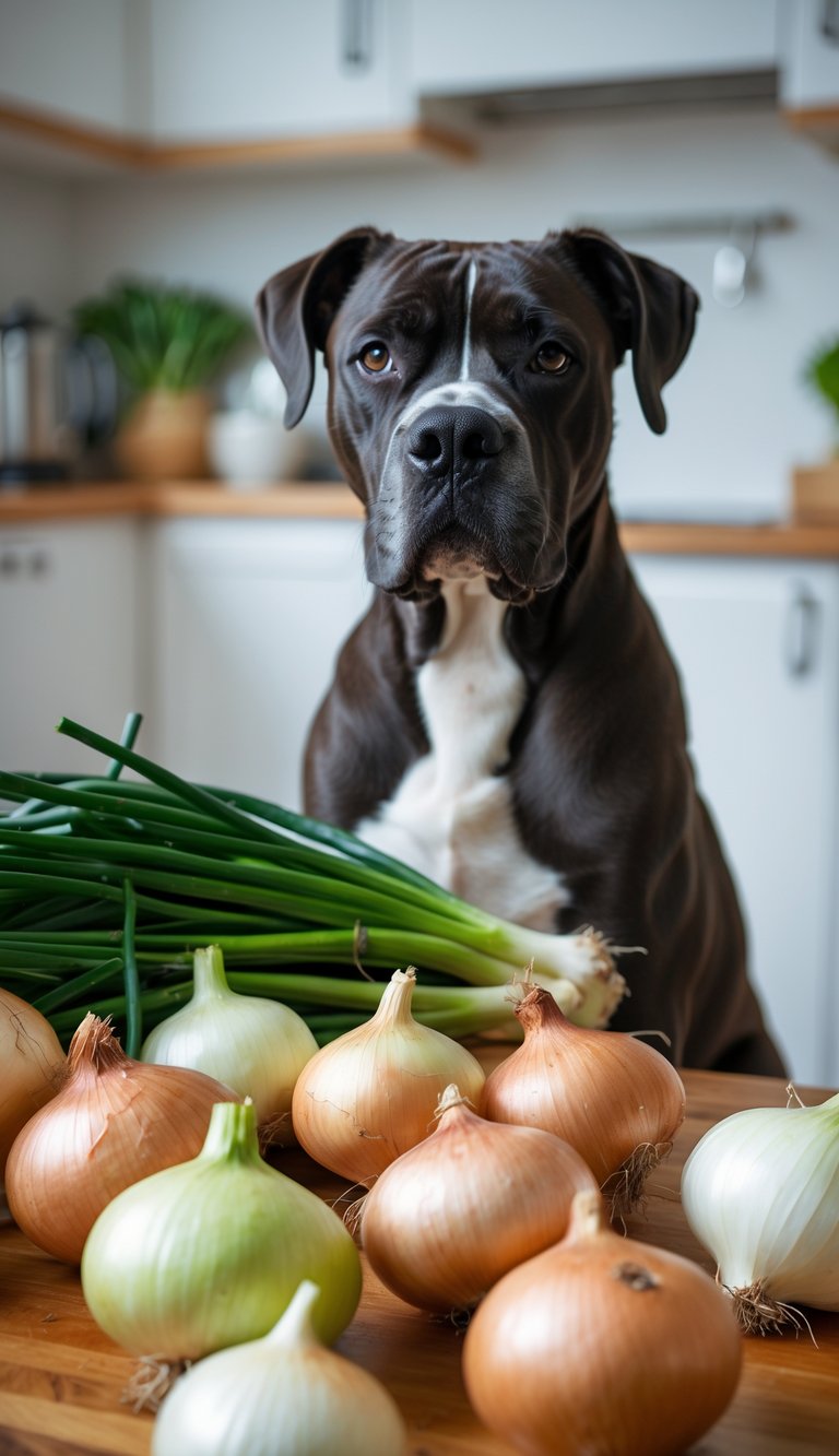 A Cane Corso dog sitting in a kitchen near fresh onions on a wooden countertop.