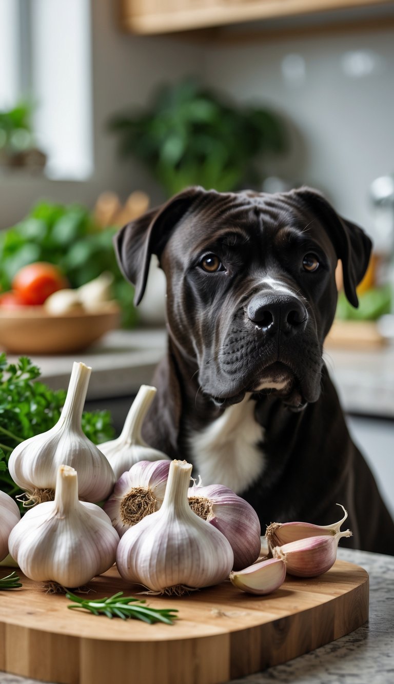 A Cane Corso dog sitting calmly next to fresh garlic bulbs and cloves on a wooden cutting board in a kitchen setting.