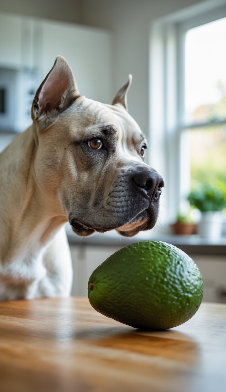 A Cane Corso dog looking at a whole avocado on a kitchen table in a bright home setting.