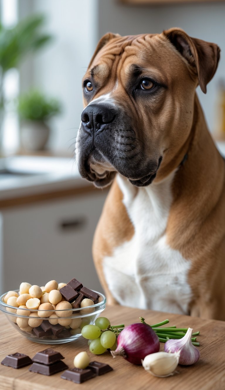 A Cane Corso dog sitting next to a table with macadamia nuts and other foods that are harmful to dogs.