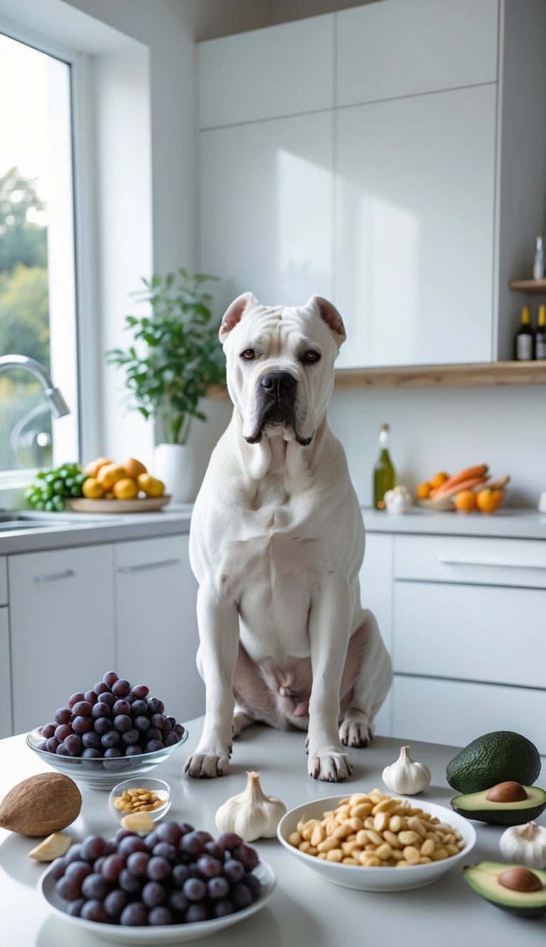 A Cane Corso dog sitting in a bright kitchen with various harmful foods like grapes, chocolate, onions, and alcohol placed nearby on a countertop.