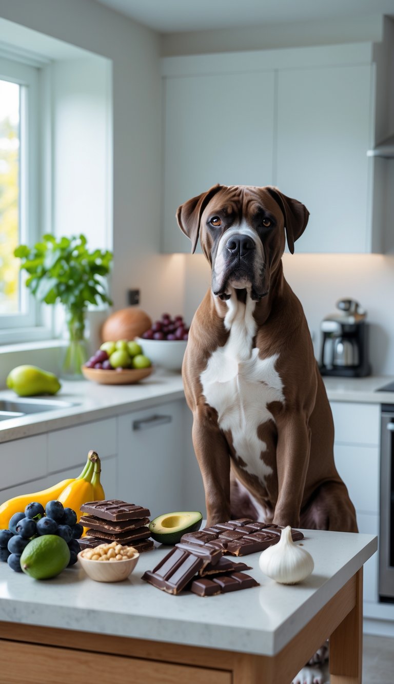 A Cane Corso dog sitting in a kitchen near various foods that are harmful to dogs, including sugar-free gum, grapes, chocolate, onions, garlic, and avocados.