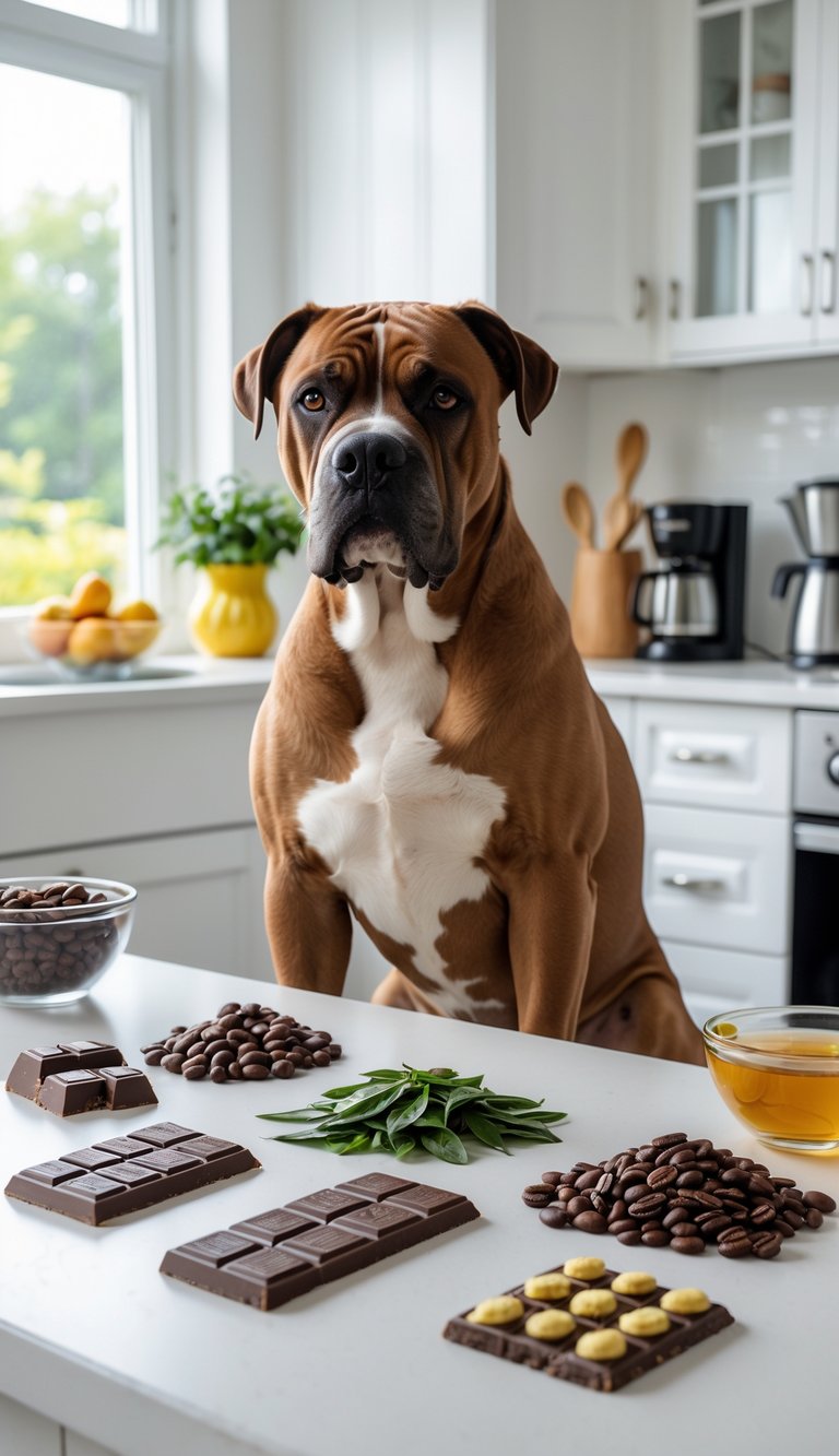 A Cane Corso dog sitting in a kitchen with various human foods like chocolate, coffee beans, and energy drinks placed nearby but out of reach.