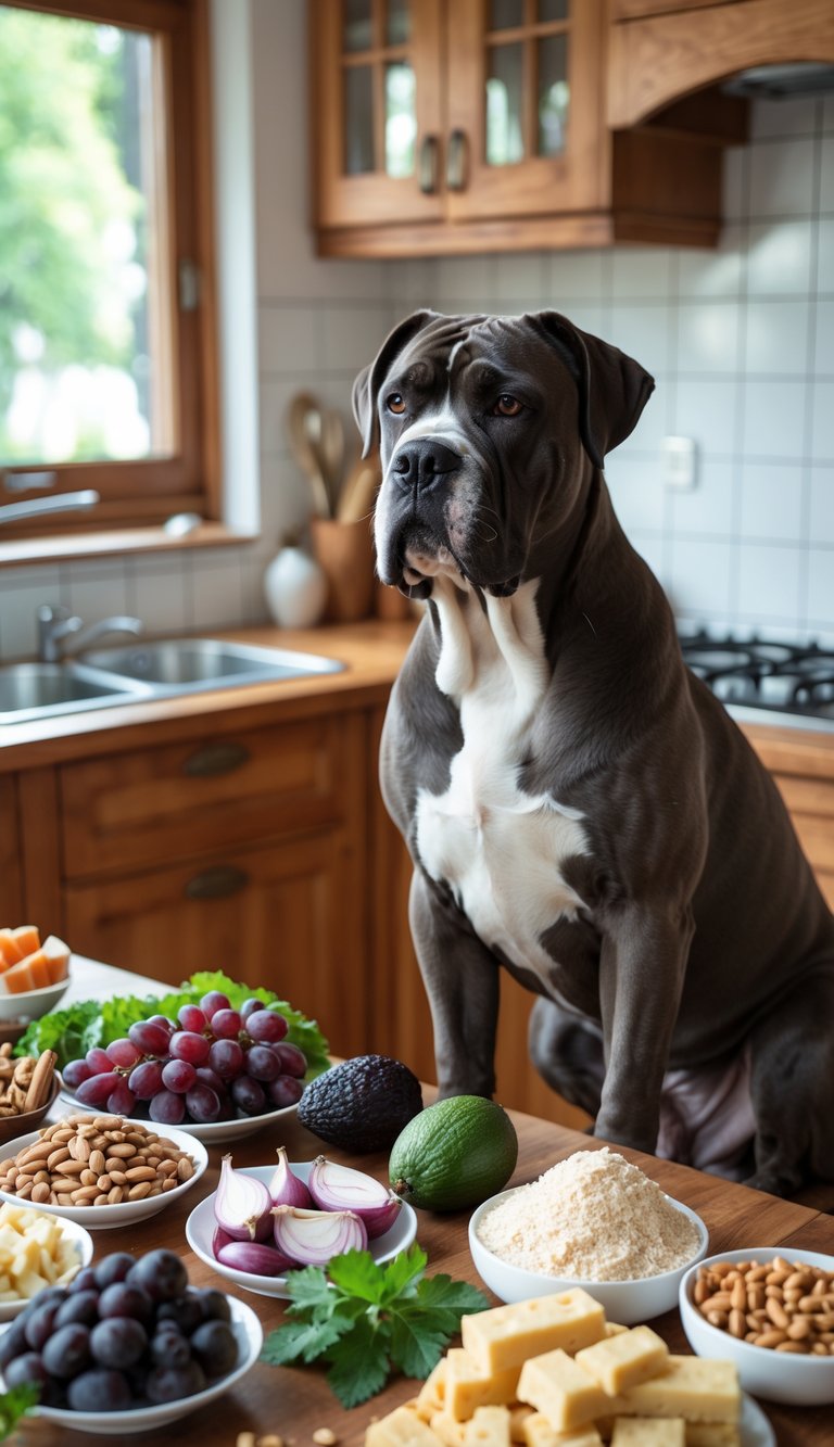 A Cane Corso dog sitting next to a kitchen table with various dangerous human foods arranged on it.