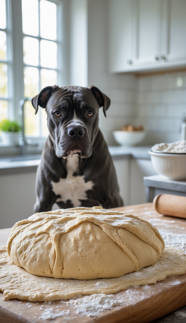 A Cane Corso dog looking at raw yeast dough on a wooden kitchen surface.