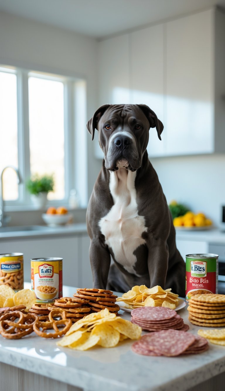 A Cane Corso dog sitting in a kitchen near various salty human foods like chips, pretzels, nuts, and deli meats on the countertop.