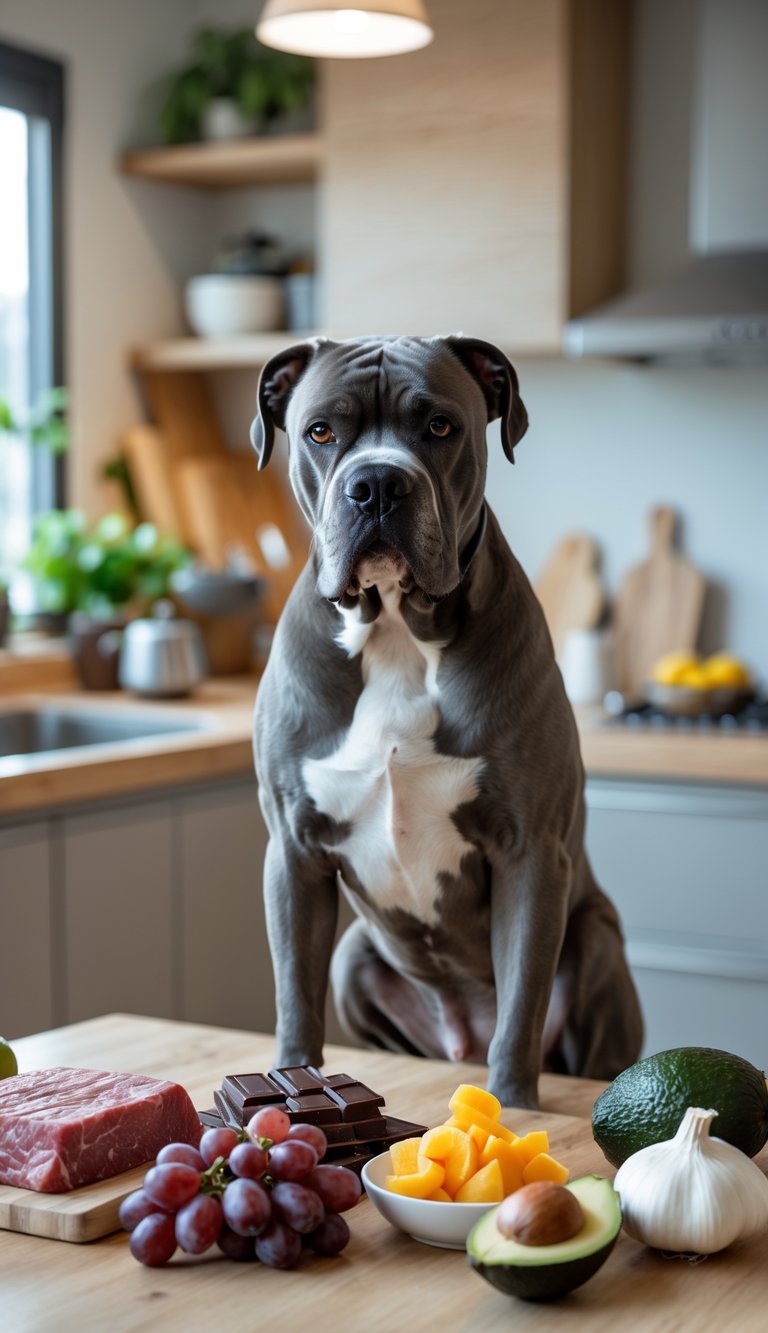 A Cane Corso dog sitting near a kitchen table with various harmful human foods placed safely out of reach.
