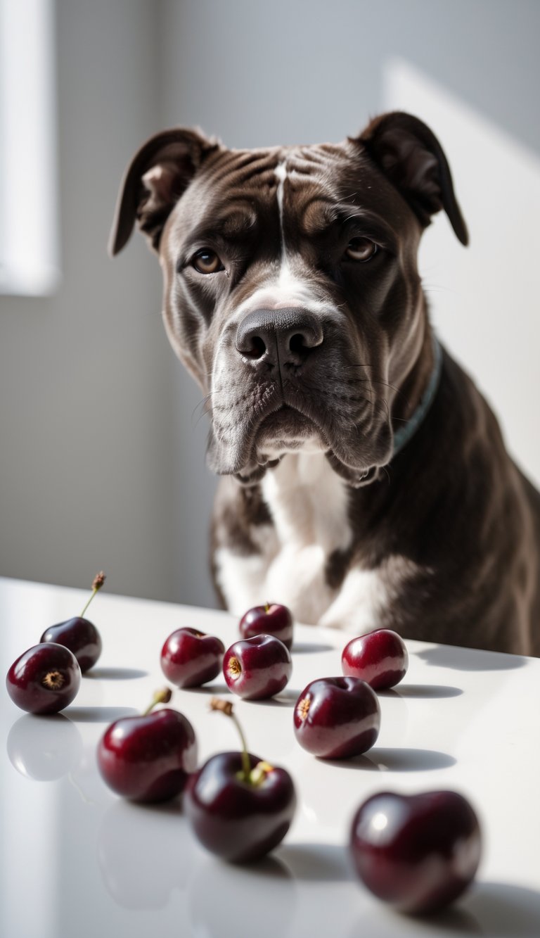 A Cane Corso dog sitting calmly near several cherry pits on a white surface.
