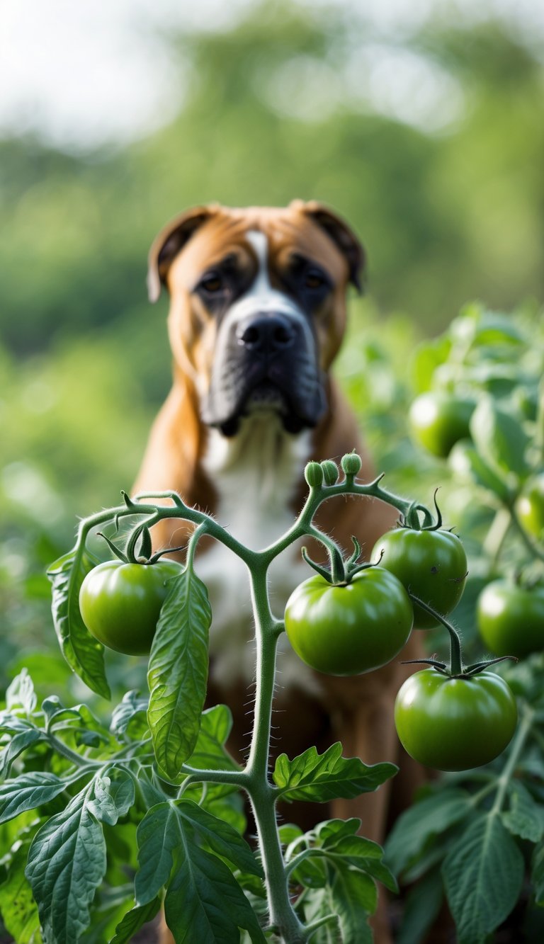 Close-up of green tomato leaves and stems with a Cane Corso dog sitting calmly in a natural outdoor setting in the background.