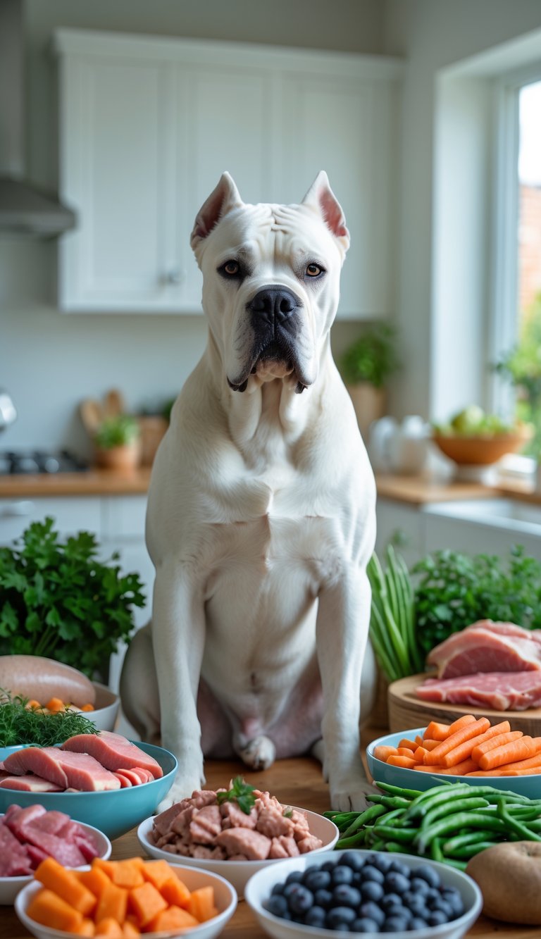 A Cane Corso dog sitting near a table with a variety of fresh meats, vegetables, fruits, and grains arranged around it.