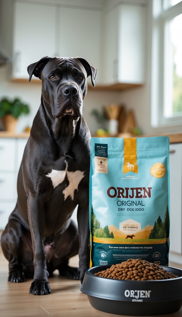 A Cane Corso dog sitting next to a bowl of dry dog food in a bright indoor setting.