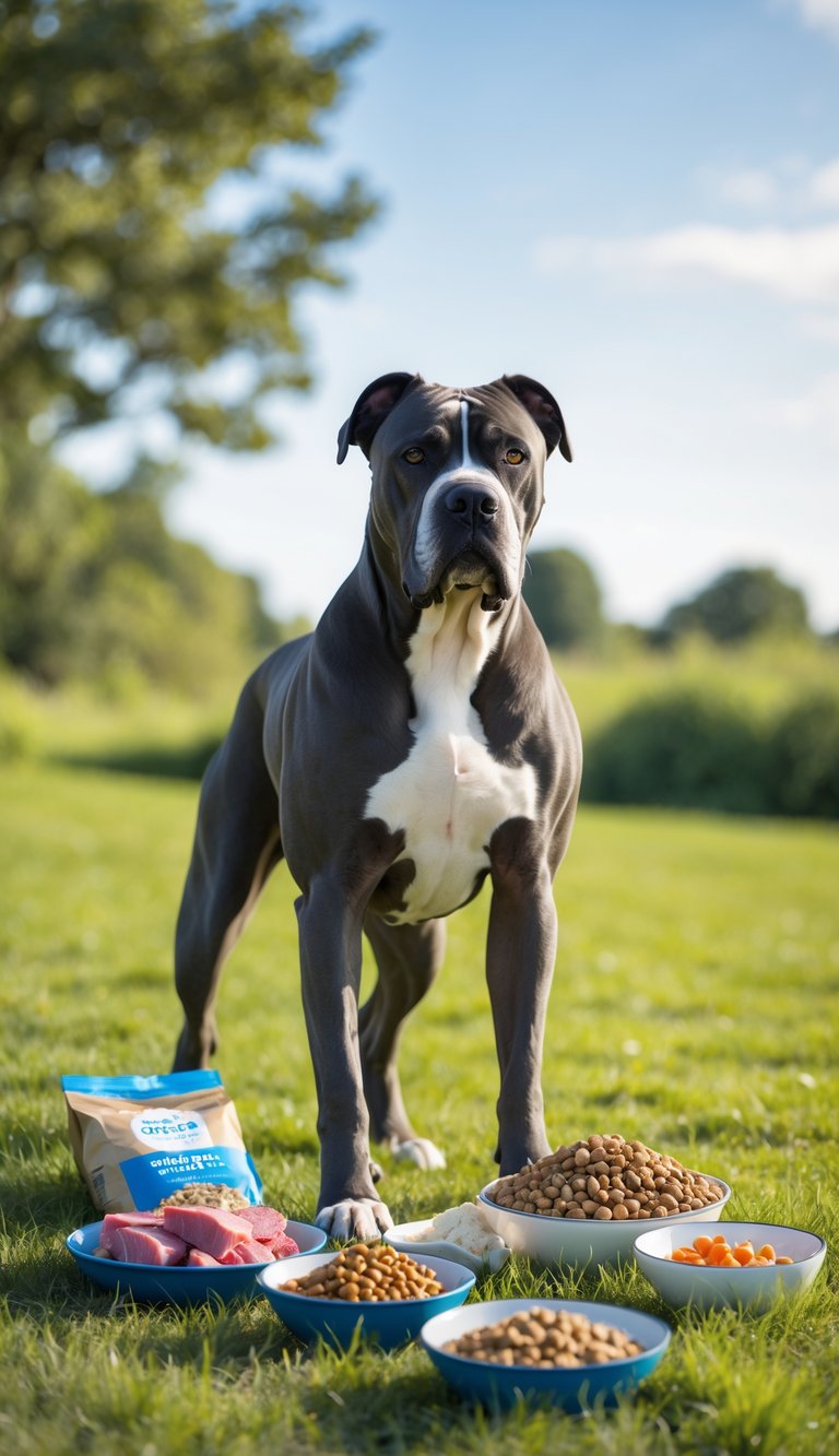 A healthy Cane Corso dog outdoors on green grass surrounded by bowls of fresh and natural dog food.