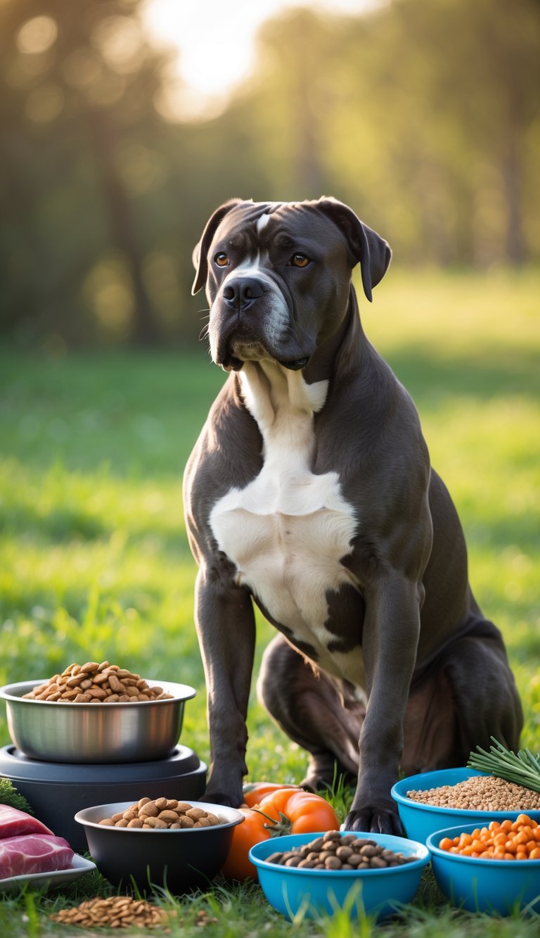 A Cane Corso dog sitting outdoors next to bowls of various healthy dog foods including kibble and fresh ingredients.