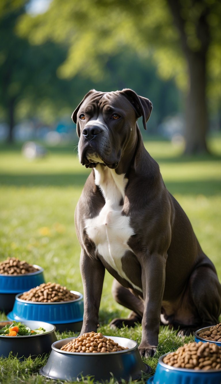 A healthy adult Cane Corso dog sitting outdoors with bowls of dog food around it.