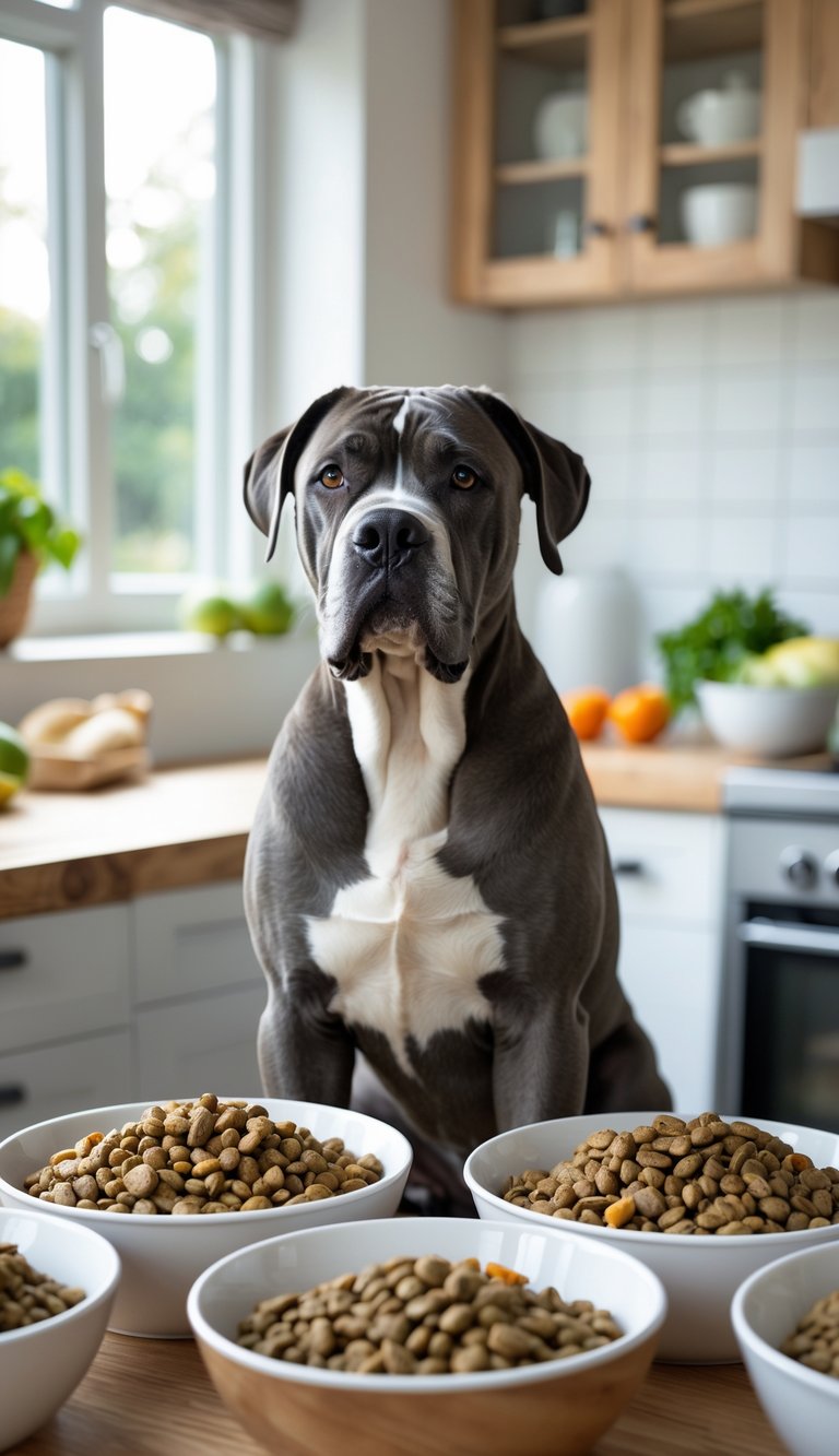 A large Cane Corso dog sitting attentively in a bright kitchen with bowls of fresh, grain-free dog food nearby.