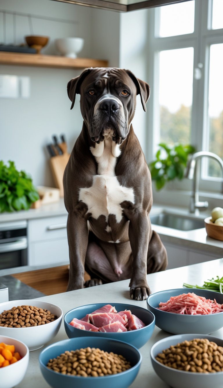 A large Cane Corso dog sitting in a bright kitchen next to bowls of healthy dog food.