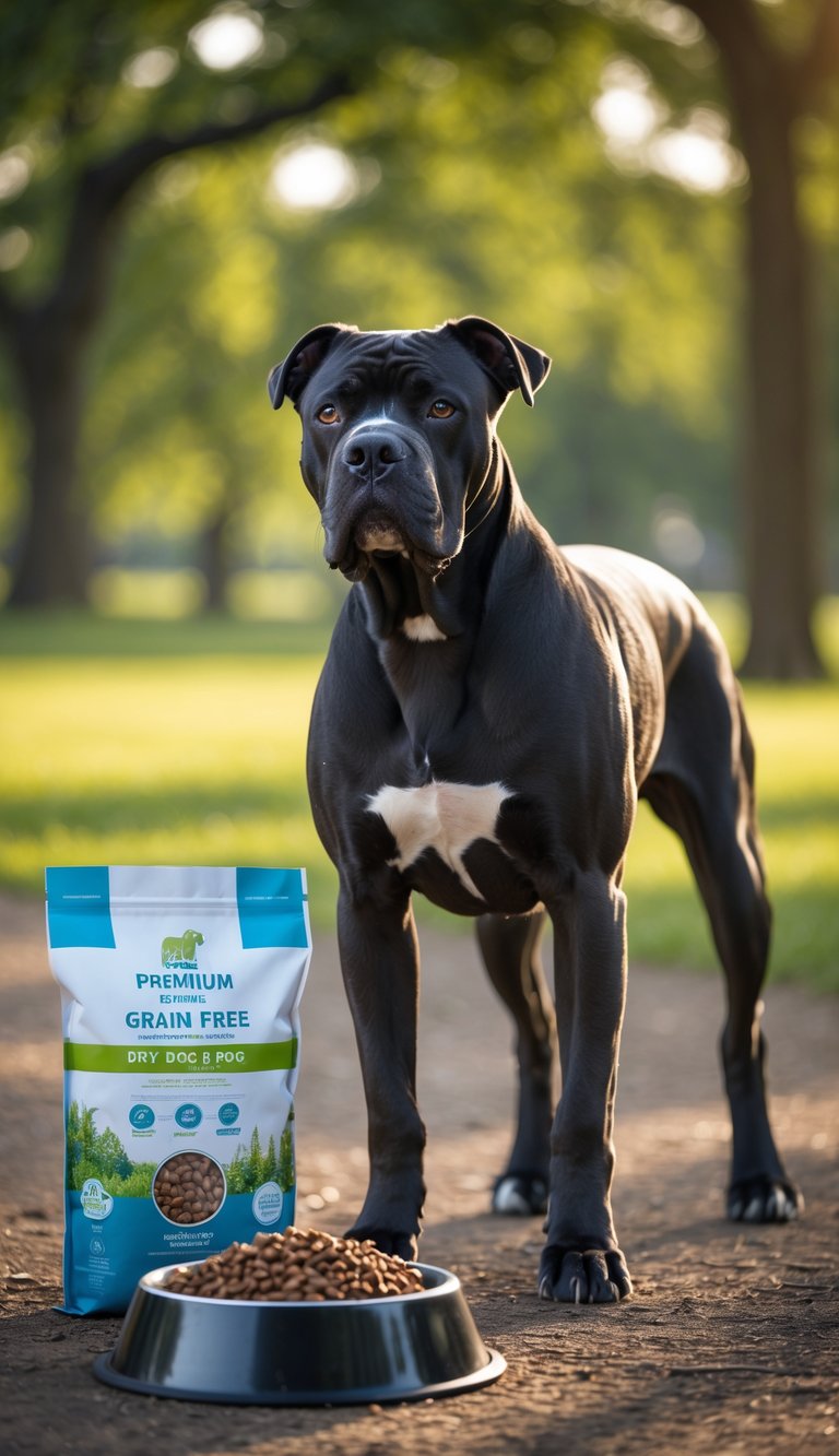 A healthy Cane Corso dog standing outdoors near a bowl of dry dog food in a green park.