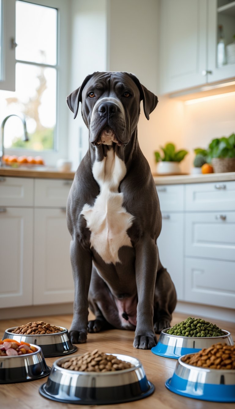 A healthy Cane Corso dog sitting in a bright kitchen surrounded by bowls of nutritious dog food.
