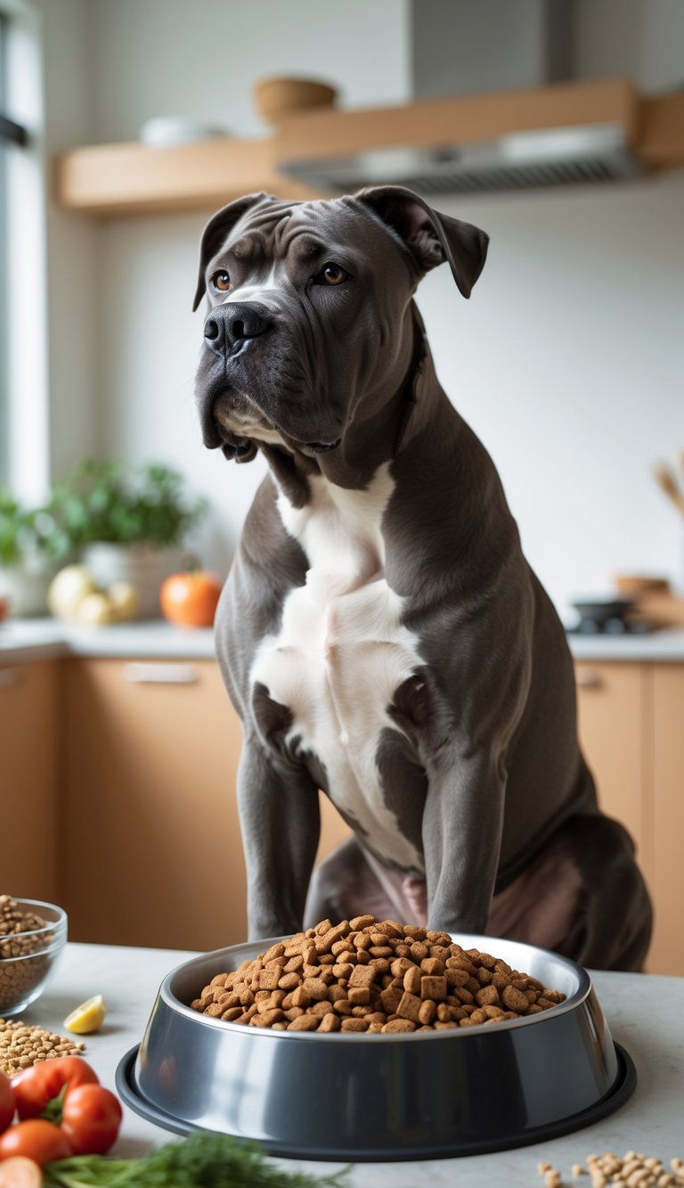 A large Cane Corso dog sitting attentively in a bright kitchen next to a bowl of high-quality dog food.