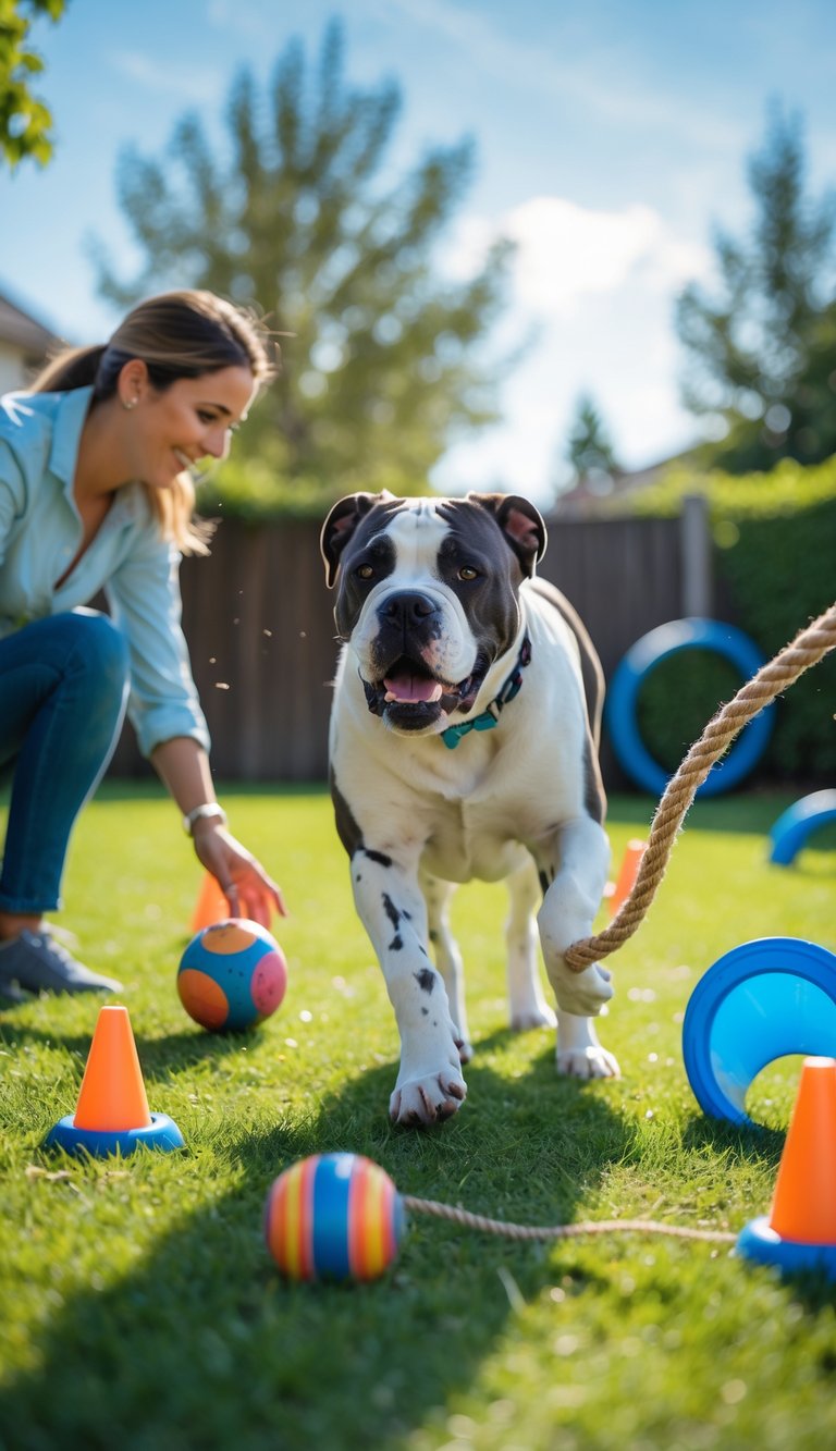 A Cane Corso dog playing with puzzle toys and running through an agility course in a sunny backyard with a person nearby.