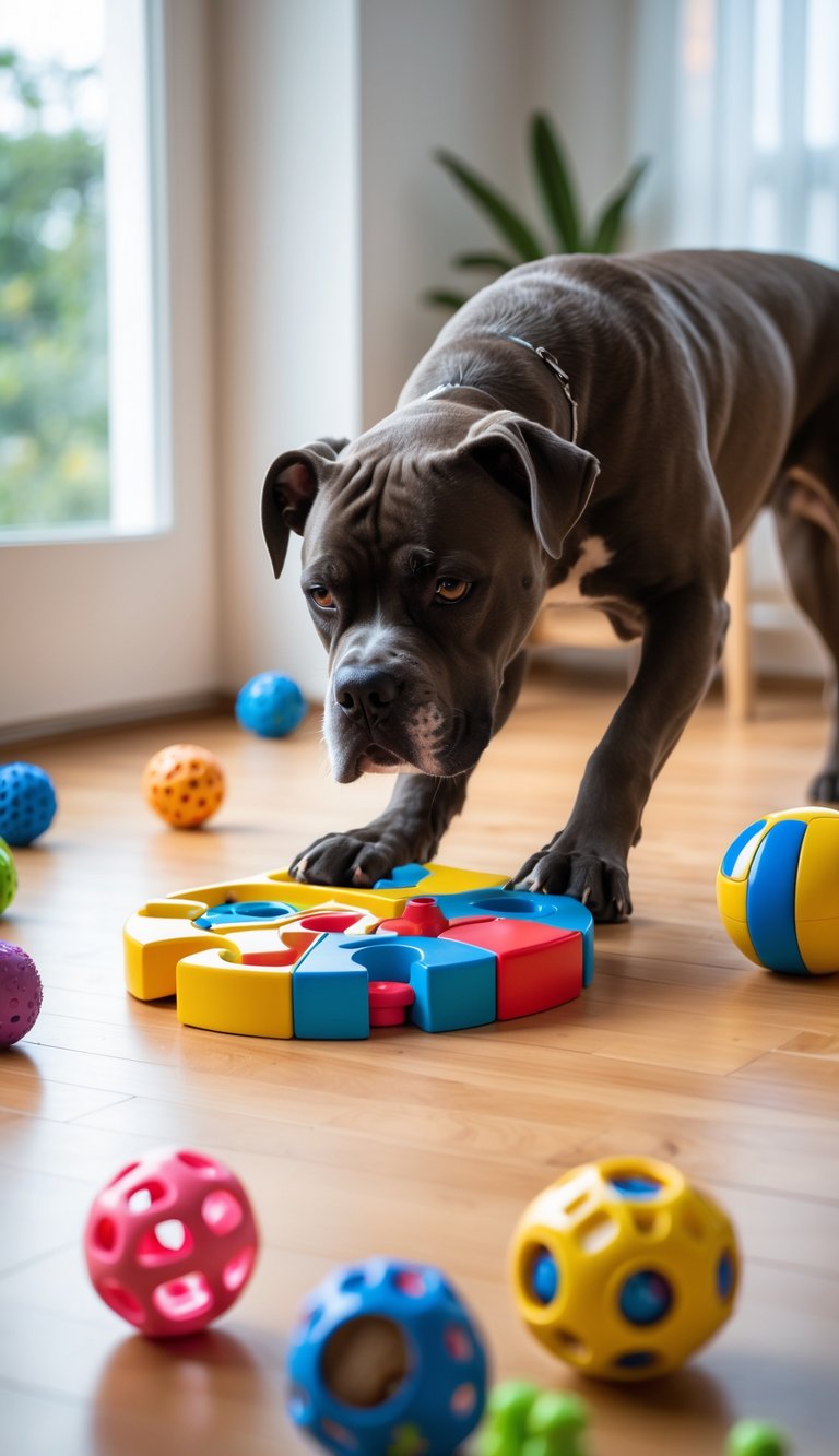 A Cane Corso dog playing with interactive puzzle toys on a wooden floor indoors.